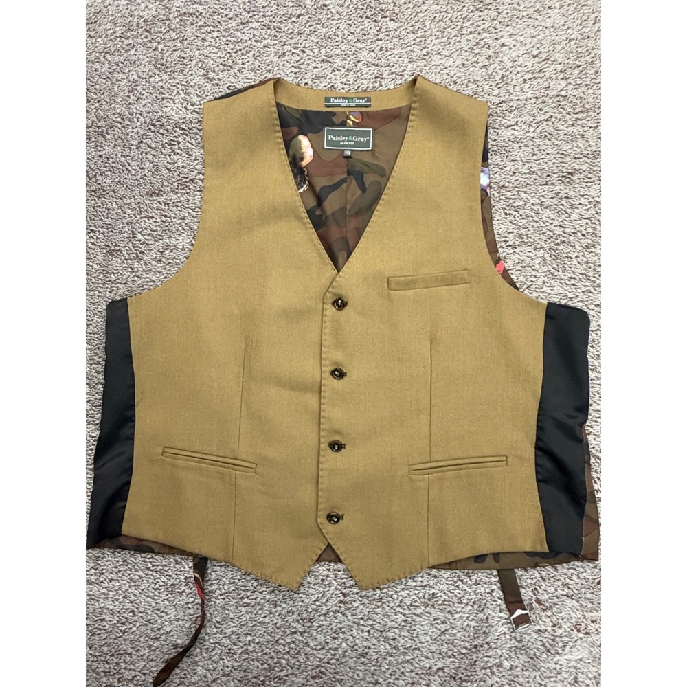 Paisley & Gray Mens XXL Tan Slim Fit Suit Vest Butterfly Camo Lining Waistcoat